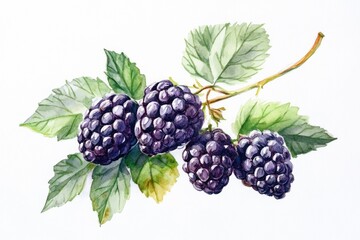 Fototapeta premium Beautiful Watercolor Painting of Ripe Blackberries on a Branch