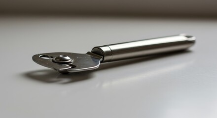 Close Up of a Modern Silver Can Opener on White Surface