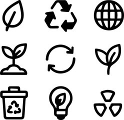 Set of 9 minimalist black and white eco icons on transparent background