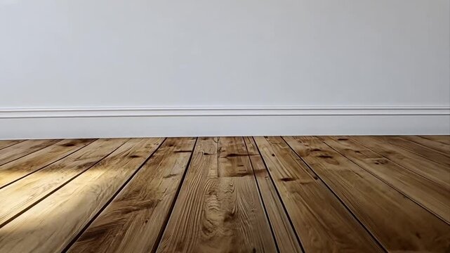 Minimalist room ambiance with light play on a rustic wooden floor and a pristine white wall backdrop