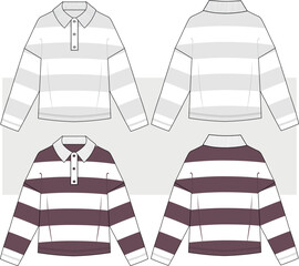 Men's oversize striped sweatshirt technical drawing. rugby stripes, long  sleeves, polo collar technical illustration, vector. front and back view. CAD mockup.