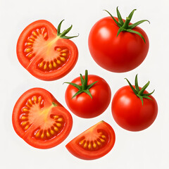 Fototapeta premium Fresh red tomatoes, whole and sliced, on a white background