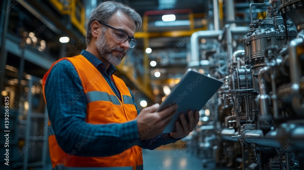 Poster A mining and construction professional dressed in protective gear analyzes data on a tablet while overseeing operations within a heavy industrial facility, ensuring safety and efficiency.