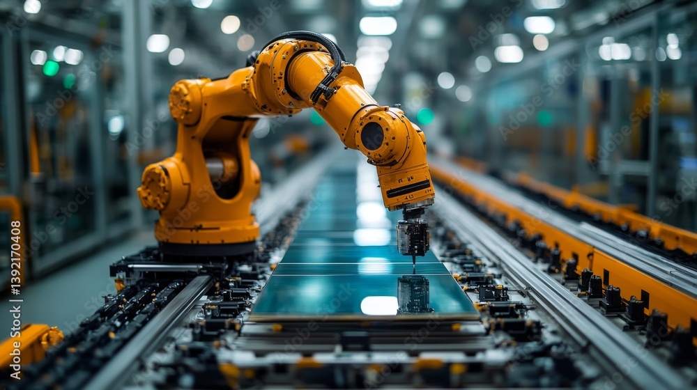 Poster A robotic arm performs intricate tasks in glass fabrication at a high tech industrial site, showcasing automation and efficiency in production processes.