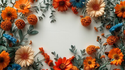 Obraz premium A variety of blooming flowers, form a vibrant frame on a white background, leaving a blank space in the middle for writing HD 8K mockup wallpaper Photographic Image