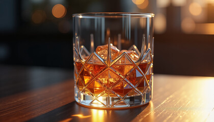 Crystal glass with whiskey and ice on wooden table   