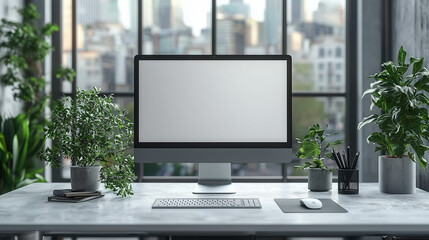 Modern Workplace Desk Setup with Blank Computer Screen Plants and Keyboard