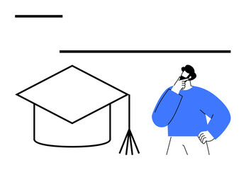 Man in blue thinking near a graduation cap. Ideal for education, learning, planning, decisions, career growth, opportunity, success. Flat simple metaphor