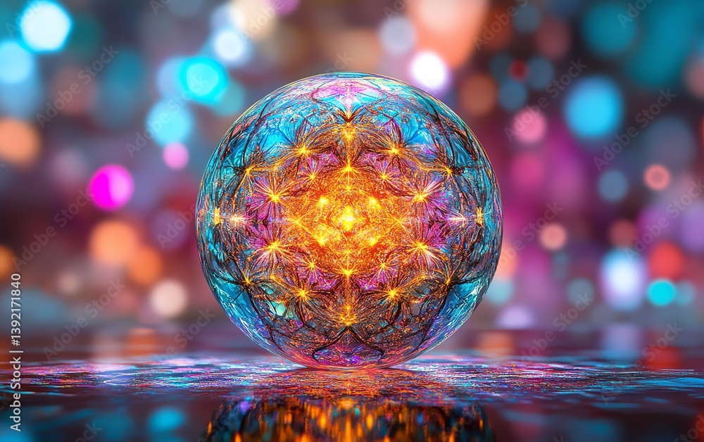 Leinwandbilder Cybernetic sphere with glowing blockchain connection points, set against a vibrant techpatterned backdrop, dynamic digital art, representing advanced technology and networks