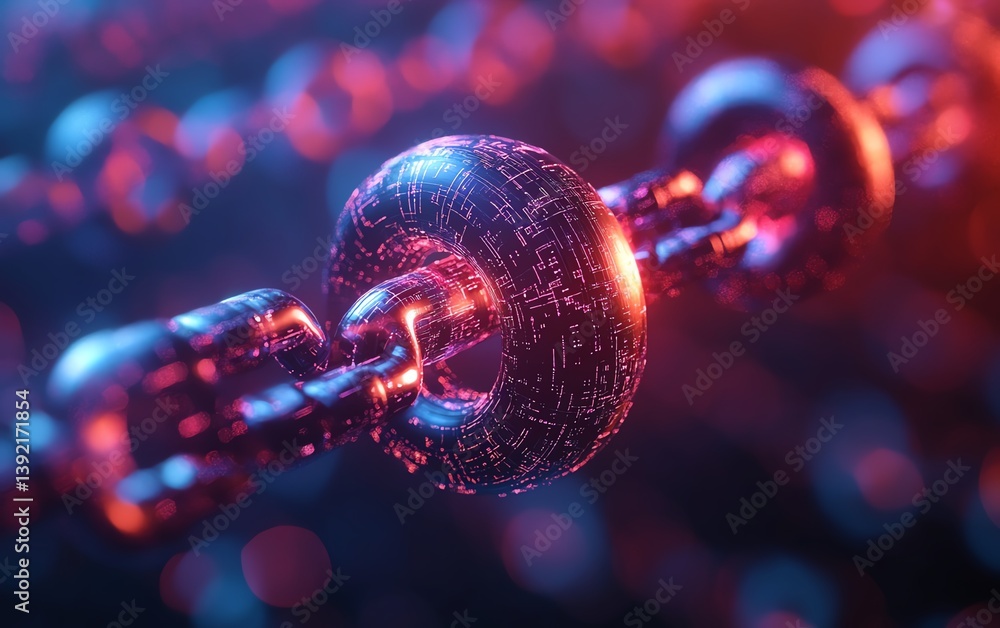 Poster cybernetic sphere with glowing blockchain connection points, set against a vibrant techpatterned bac