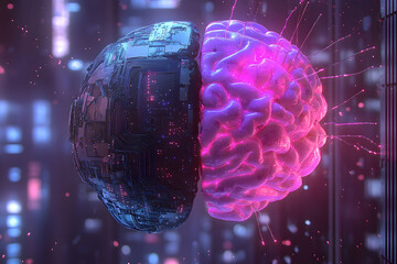 Futuristic cybernetic and biological brain fusion with neon lights