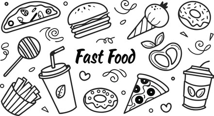 Delicious Fast Food Icons Pizza, Burger, Donut, Ice Cream