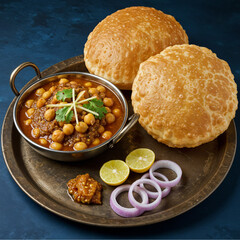 Traditional North Indian Chole Bhature with Spicy Chickpea Curry, Pickle, and Onion Rings on Rustic Plate