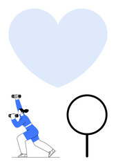 Individual holding binoculars, standing beside a magnifying glass, under a large heart. Ideal for exploration, search, discovery, love, analysis self-reflection connection. Flat simple metaphor