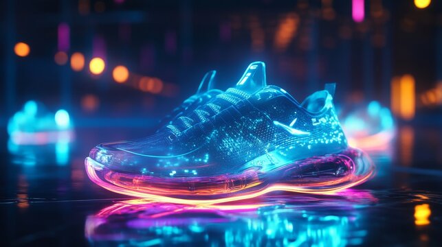 Holographic sports shoes representing fitness, speed, and health tracking in futuristic workout technology