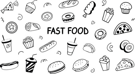 HandDrawn Fast Food Icons Burgers, Pizza, Fries, and More
