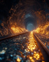 Dark tunnel with glowing stones and railroad tracks leading into the distance.