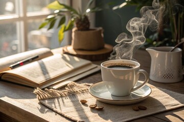 Fototapeta premium Photo of a coffee cup on a table, warm atmosphere, natural lighting, for use in culinary and lifestyle blogs. Morning cup of coffee. Natural coffee