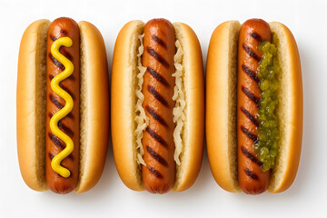Three Delicious Grilled Hot Dogs with Various Toppings
