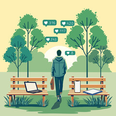 A conceptual illustration of a person walking away from digital devices and social media likes, symbolizing mental health, digital detox, emotional clarity and inner peace.