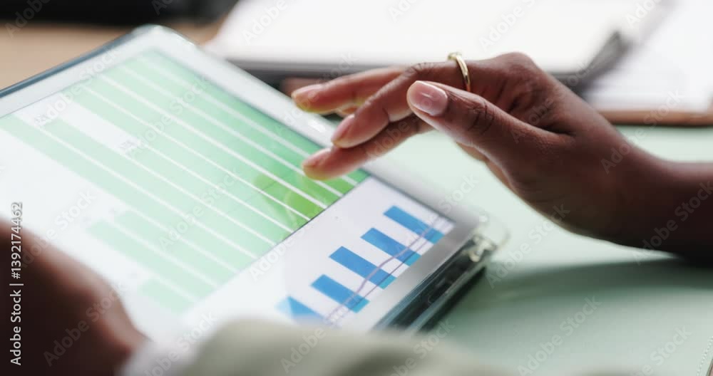 Poster Hands, tablet and screen with graphs, profit and review for company sales or data analysis in office. Tech, ux and person for report of statistics, finance and revenue with ui and business analytics
