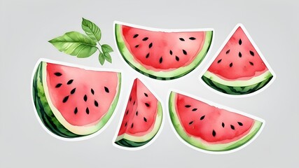 Set of slices of watermelon isolated on a white background. Watercolor half-eaten watermelons. Red juicy fruits clipart. Hand-drawn watermelon's slices. Fresh food illustration.