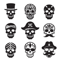 A collection of ten silhouette illustrations of skulls in different styles, all with a white background.