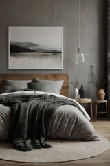 A bedroom with a large bed and a picture on the wall
