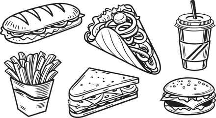 Fast Food Menu Burgers, Sandwiches, Fries, and Drinks