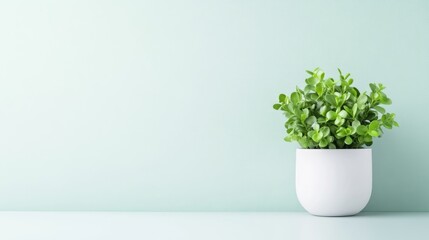 A potted green plant sitting on a minimalist shelf against a soft pastel green wall, modern interior design concept, and serene and calm atmosphere.
