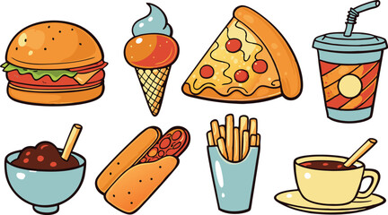 Fast Food Icons Burger, Pizza, Fries, Ice Cream, Soda