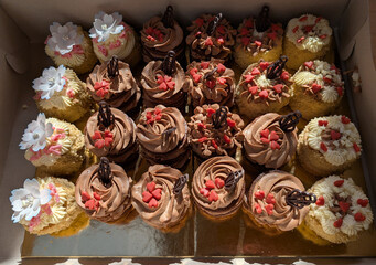 fresh small cakes with chocolate