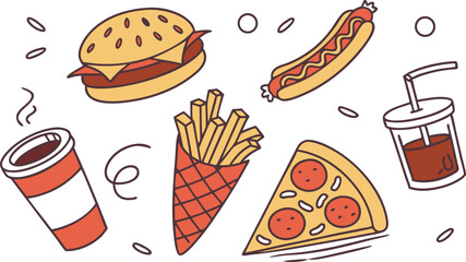 Fast Food Feast Burger, Fries, Hot Dog, Pizza, and Soda