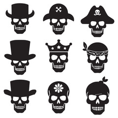A collection of ten silhouette illustrations of skulls in different styles, all with a white background.
