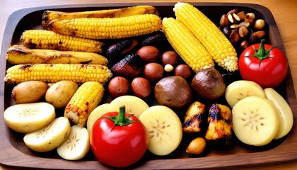 A colorful platter filled with grilled corn, potatoes, and other vegetables, showcasing a simple yet delicious meal. Perfect for food blogs, cooking themes, or natural food photography.