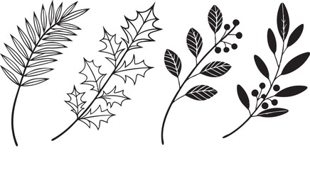 Fototapeta premium Black and white floral branch pattern with leaf and butterfly silhouette art