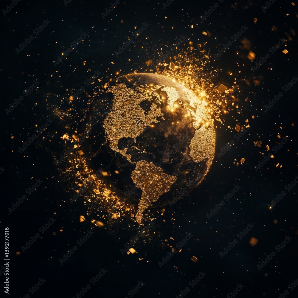Poster digital representation of earth with sparkling effects in dark background.
