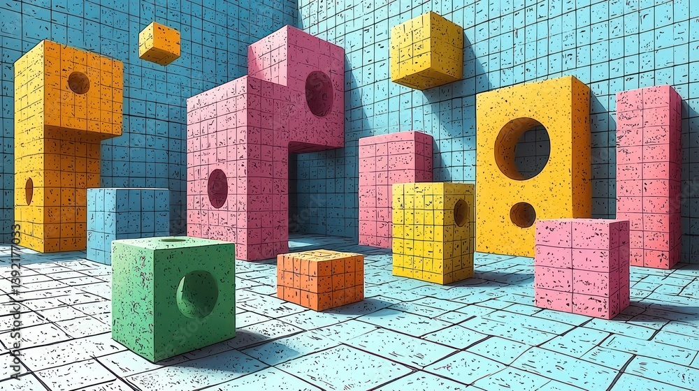 Poster abstract colorful 3d blocks composition in a geometric room