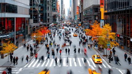 Obraz premium A blurred image of people walking on a busy city street