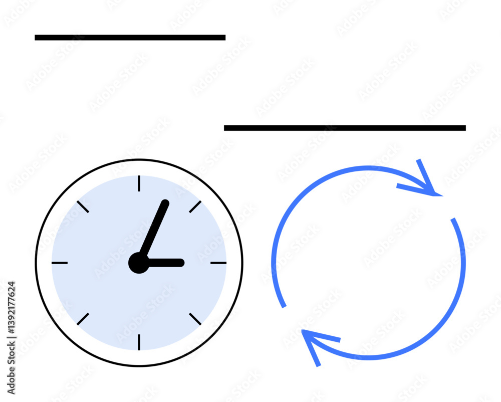Poster analog clock next to blue circular arrows indicating cycles, repetition, and time flow. ideal for ti