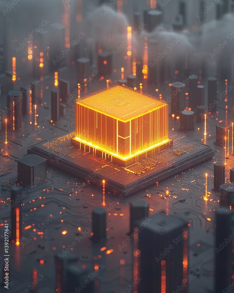 Aufkleber futuristic cityscape with glowing microchip at center, surrounded by towering structures and clouds