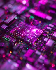 Fototapeta premium Vibrant close-up of a futuristic circuit board with glowing components and colorful lights