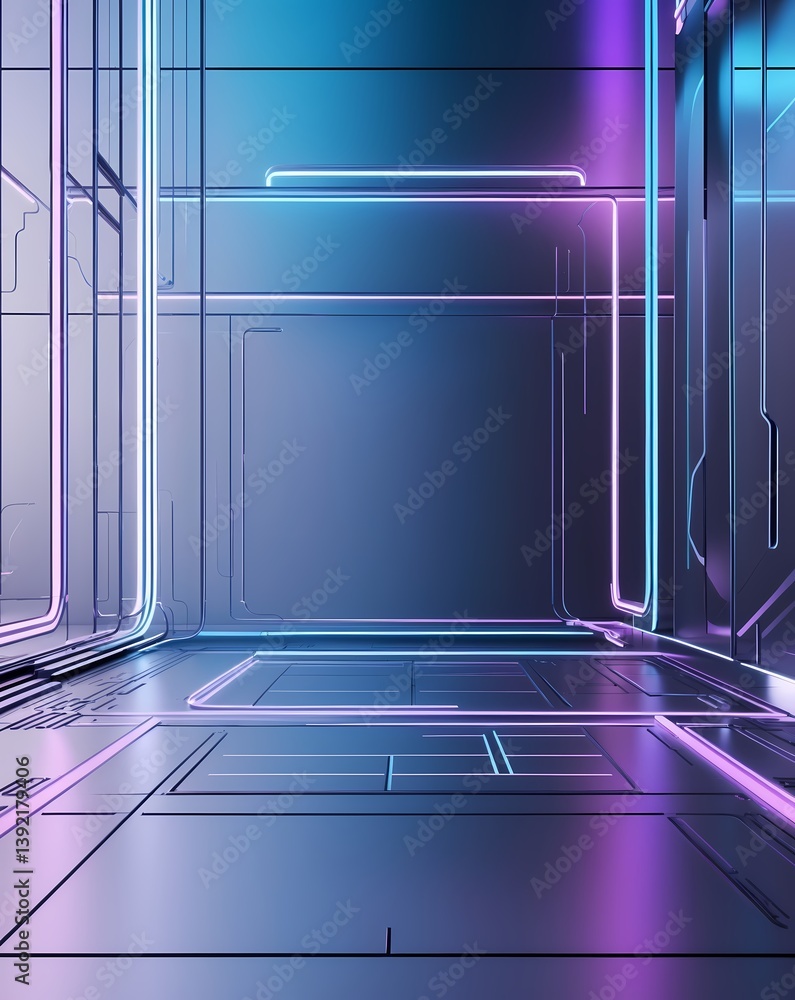 Poster futuristic design room with a vibrant neon light interior with glowing lines and geometric patterns