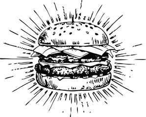 Obraz premium Delicious Juicy Burger Sketch Fast Food, Bun, Patty, Cheese