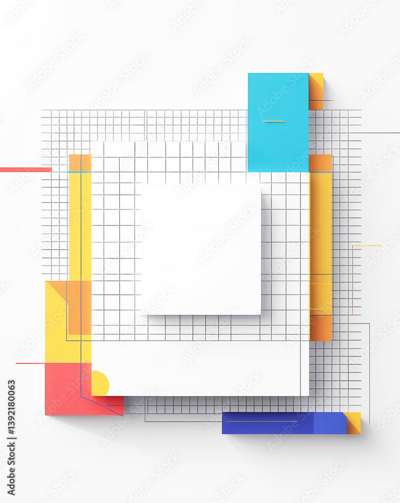 Aufkleber abstract geometric design featuring bright colors, a grid, and various shapes, creating a modern and
