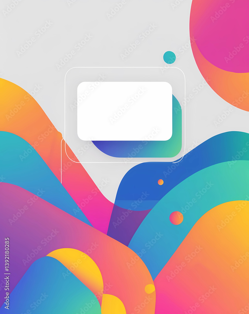 Poster a vibrant abstract digital artwork with a white rectangle in the center. This colorful graphic design features a dynamic mix of shapes and gradients that evoke feelings of creativity and energy