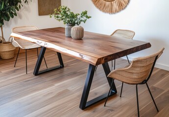 set of wooden table and chairs in an open space, elegant and simple, modern, vases of plants on the table, decorations on the wall, three chairs, plants in pots on the floor