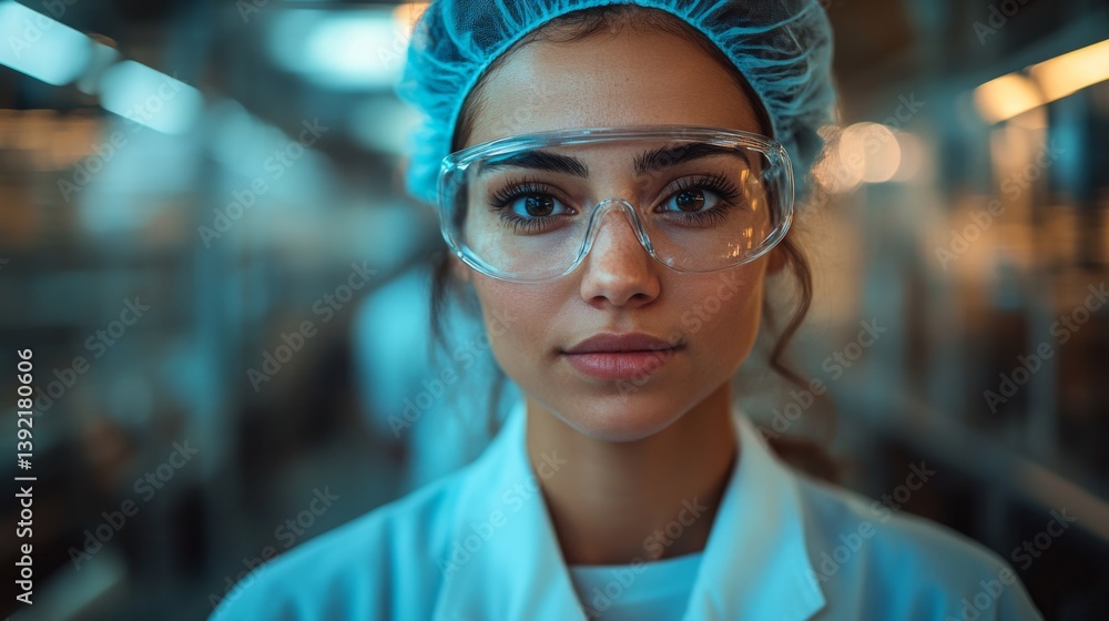 Poster individual in protective eyewear and lab coat stands in a controlled environment dedicated to studyi