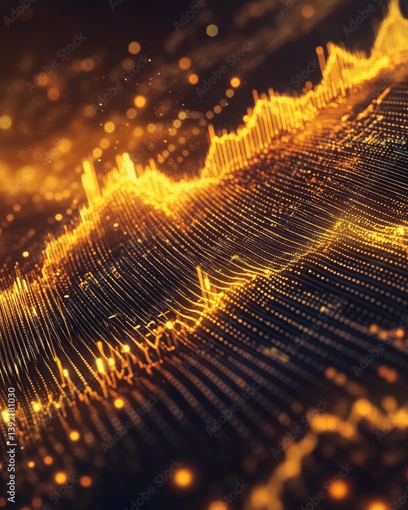 Poster abstract digital wave with glowing lines and dots in golden tones.