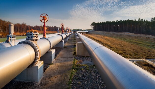 Large pipelines equipped with automatic gate valves, used for transporting oil and gas. Concept of pipeline transportation. Generated image